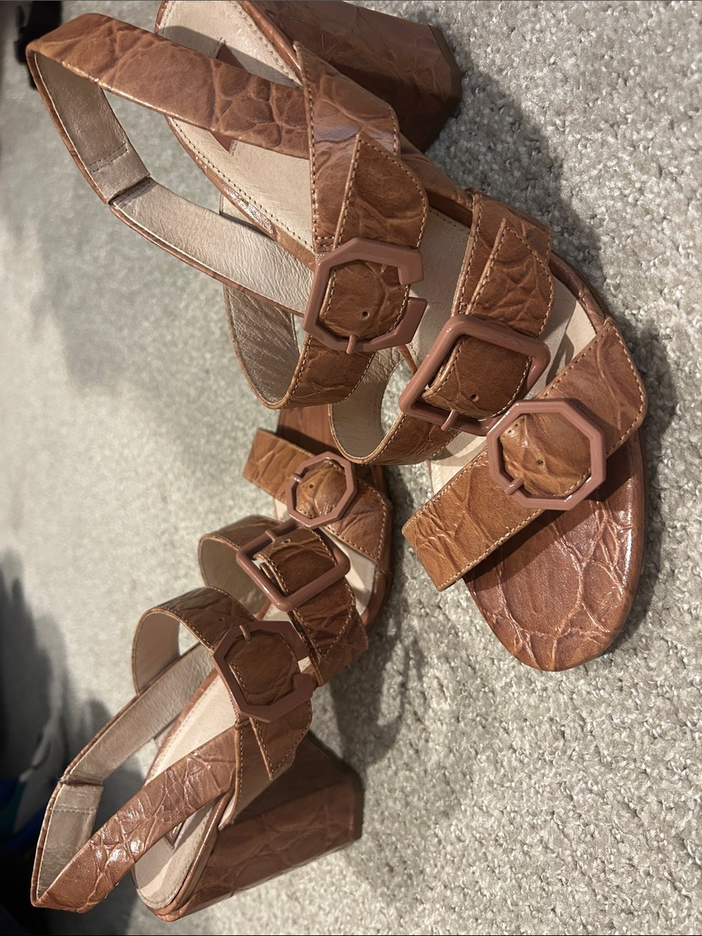 Louise et Cie Brown Croc-Texture Buckle Block Heel Sandals